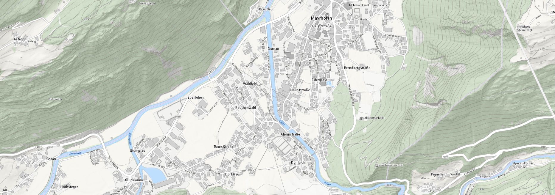 Karte von Mayrhofen mit Standort der Apartments Dengg Desktop