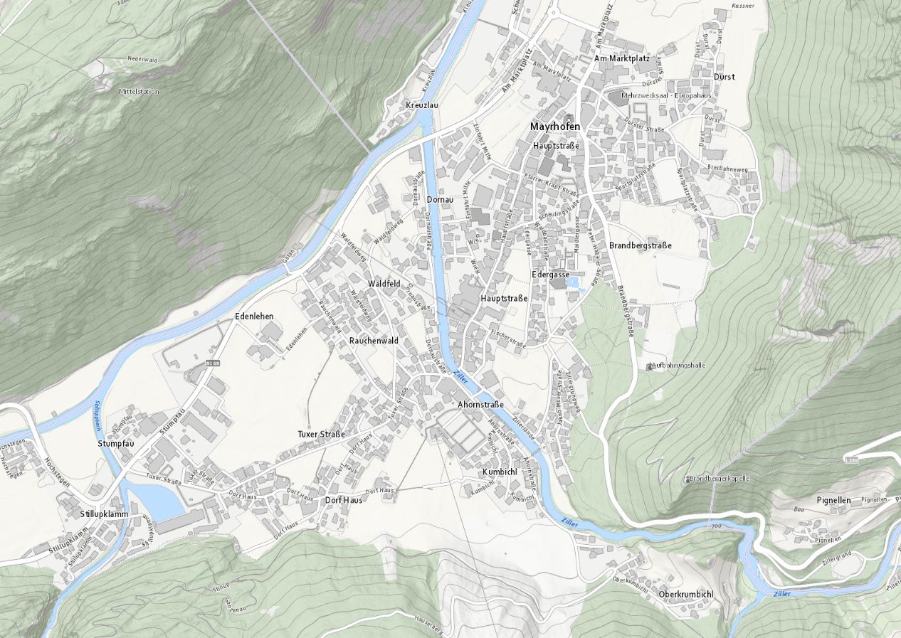 Karte von Mayrhofen mit Standort der Apartments Dengg Mobil